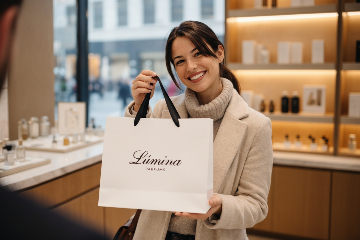 Cliente com sacola Lúmina Parfums - formato landscape